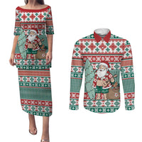 Hawaiian Funny Santa Surf Couples Matching Puletasi and Long Sleeve Button Shirt Mele Kalikimaka Palaka Quilt Pattern LT9 Green - Polynesian Pride