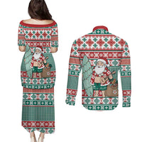 Hawaiian Funny Santa Surf Couples Matching Puletasi and Long Sleeve Button Shirt Mele Kalikimaka Palaka Quilt Pattern LT9 - Polynesian Pride