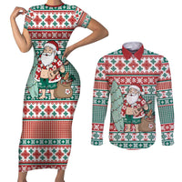 Hawaiian Funny Santa Surf Couples Matching Short Sleeve Bodycon Dress and Long Sleeve Button Shirt Mele Kalikimaka Palaka Quilt Pattern LT9 Green - Polynesian Pride