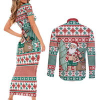 Hawaiian Funny Santa Surf Couples Matching Short Sleeve Bodycon Dress and Long Sleeve Button Shirt Mele Kalikimaka Palaka Quilt Pattern - Polynesian Pride