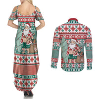 Hawaiian Funny Santa Surf Couples Matching Summer Maxi Dress and Long Sleeve Button Shirt Mele Kalikimaka Palaka Quilt Pattern LT9 - Polynesian Pride