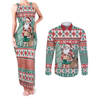 Hawaiian Funny Santa Surf Couples Matching Tank Maxi Dress and Long Sleeve Button Shirt Mele Kalikimaka Palaka Quilt Pattern - Polynesian Pride