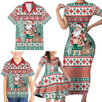 Hawaiian Funny Santa Surf Family Matching Short Sleeve Bodycon Dress and Hawaiian Shirt Mele Kalikimaka Palaka Quilt Pattern - Polynesian Pride