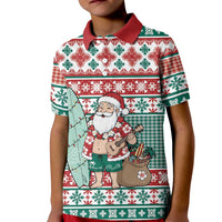 Hawaiian Funny Santa Surf Kid Polo Shirt Mele Kalikimaka Palaka Quilt Pattern LT9 Kid Green - Polynesian Pride
