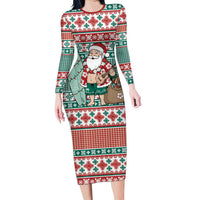 Hawaiian Funny Santa Surf Long Sleeve Bodycon Dress Mele Kalikimaka Palaka Quilt Pattern - Polynesian Pride