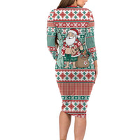 Hawaiian Funny Santa Surf Long Sleeve Bodycon Dress Mele Kalikimaka Palaka Quilt Pattern - Polynesian Pride