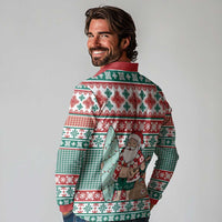 Hawaiian Funny Santa Surf Long Sleeve Polo Shirt Mele Kalikimaka Palaka Quilt Pattern - Polynesian Pride