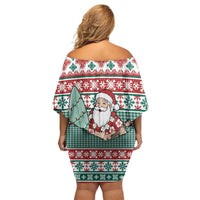 Hawaiian Funny Santa Surf Off Shoulder Short Dress Mele Kalikimaka Palaka Quilt Pattern - Polynesian Pride