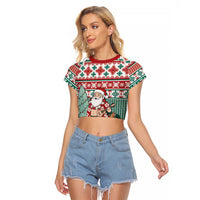 Hawaiian Funny Santa Surf Raglan Cropped T Shirt Mele Kalikimaka Palaka Quilt Pattern LT9 Female Green - Polynesian Pride