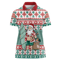Hawaiian Funny Santa Surf Women Polo Shirt Mele Kalikimaka Palaka Quilt Pattern LT9 Female Green - Polynesian Pride