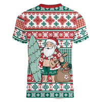 Hawaiian Funny Santa Surf Women V-Neck T-Shirt Mele Kalikimaka Palaka Quilt Pattern LT9 - Polynesian Pride