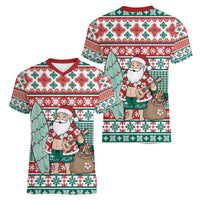 Hawaiian Funny Santa Surf Women V-Neck T-Shirt Mele Kalikimaka Palaka Quilt Pattern - Polynesian Pride