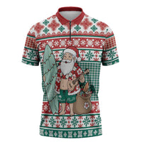 Hawaiian Funny Santa Surf Zipper Polo Shirt Mele Kalikimaka Palaka Quilt Pattern LT9 Green - Polynesian Pride