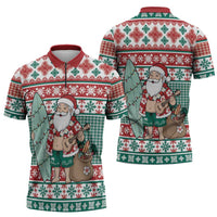 Hawaiian Funny Santa Surf Zipper Polo Shirt Mele Kalikimaka Palaka Quilt Pattern LT9 - Polynesian Pride