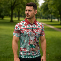 Hawaiian Funny Santa Surf Zipper Polo Shirt Mele Kalikimaka Palaka Quilt Pattern - Polynesian Pride