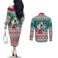 Hawaiian Skull Surfs Couples Matching Off The Shoulder Long Sleeve Dress and Long Sleeve Button Shirt Mele Kalikimaka Palaka Quilt Pattern - Polynesian Pride