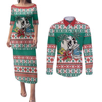 Hawaiian Skull Surfs Couples Matching Puletasi and Long Sleeve Button Shirt Mele Kalikimaka Palaka Quilt Pattern LT9 Green - Polynesian Pride