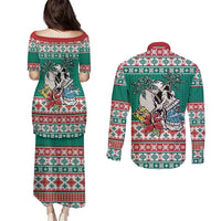 Hawaiian Skull Surfs Couples Matching Puletasi and Long Sleeve Button Shirt Mele Kalikimaka Palaka Quilt Pattern - Polynesian Pride