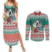 Hawaiian Skull Surfs Couples Matching Summer Maxi Dress and Long Sleeve Button Shirt Mele Kalikimaka Palaka Quilt Pattern LT9 Green - Polynesian Pride