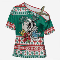 Hawaiian Skull Surfs Cross Shoulder Shirt Mele Kalikimaka Palaka Quilt Pattern LT9 Female Green - Polynesian Pride