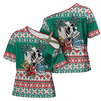 Hawaiian Skull Surfs Cross Shoulder Shirt Mele Kalikimaka Palaka Quilt Pattern LT9 - Polynesian Pride