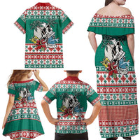 Hawaiian Skull Surfs Family Matching Off Shoulder Maxi Dress and Hawaiian Shirt Mele Kalikimaka Palaka Quilt Pattern - Polynesian Pride