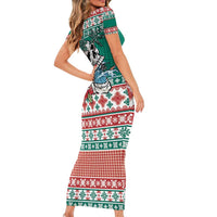 Hawaiian Skull Surfs Family Matching Short Sleeve Bodycon Dress and Hawaiian Shirt Mele Kalikimaka Palaka Quilt Pattern - Polynesian Pride