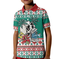 Hawaiian Skull Surfs Kid Polo Shirt Mele Kalikimaka Palaka Quilt Pattern LT9 Kid Green - Polynesian Pride