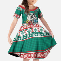 Hawaiian Skull Surfs Kid Short Sleeve Dress Mele Kalikimaka Palaka Quilt Pattern LT9 KID Green - Polynesian Pride