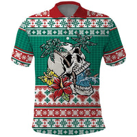 Hawaiian Skull Surfs Polo Shirt Mele Kalikimaka Palaka Quilt Pattern LT9 Green - Polynesian Pride