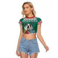Hawaiian Skull Surfs Raglan Cropped T Shirt Mele Kalikimaka Palaka Quilt Pattern LT9 Female Green - Polynesian Pride