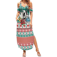 Hawaiian Skull Surfs Summer Maxi Dress Mele Kalikimaka Palaka Quilt Pattern LT9 Women Green - Polynesian Pride
