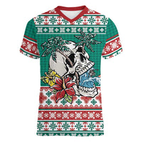 Hawaiian Skull Surfs Women V-Neck T-Shirt Mele Kalikimaka Palaka Quilt Pattern LT9 Female Green - Polynesian Pride