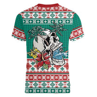 Hawaiian Skull Surfs Women V-Neck T-Shirt Mele Kalikimaka Palaka Quilt Pattern LT9 - Polynesian Pride