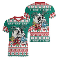 Hawaiian Skull Surfs Women V-Neck T-Shirt Mele Kalikimaka Palaka Quilt Pattern LT9 - Polynesian Pride