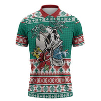 Hawaiian Skull Surfs Zipper Polo Shirt Mele Kalikimaka Palaka Quilt Pattern LT9 Green - Polynesian Pride