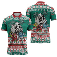 Hawaiian Skull Surfs Zipper Polo Shirt Mele Kalikimaka Palaka Quilt Pattern LT9 - Polynesian Pride