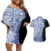 Aloha Vintage Hawaii Tribal Couples Matching Off Shoulder Short Dress and Hawaiian Shirt Blue Style LT9 Blue - Polynesian Pride