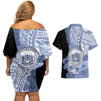 Aloha Vintage Hawaii Tribal Couples Matching Off Shoulder Short Dress and Hawaiian Shirt Blue Style LT9 - Polynesian Pride