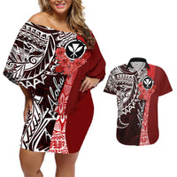 Aloha Vintage Hawaii Tribal Couples Matching Off Shoulder Short Dress and Hawaiian Shirt Red Style LT9 Red - Polynesian Pride