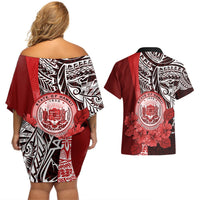 Aloha Vintage Hawaii Tribal Couples Matching Off Shoulder Short Dress and Hawaiian Shirt Red Style LT9 - Polynesian Pride