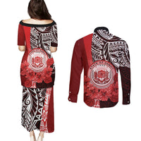Aloha Vintage Hawaii Tribal Couples Matching Puletasi Dress and Long Sleeve Button Shirt Red Style LT9 - Polynesian Pride