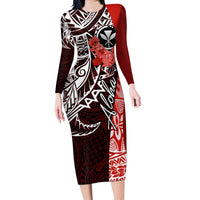 Aloha Vintage Hawaii Tribal Long Sleeve Bodycon Dress Red Style LT9 Long Dress Red - Polynesian Pride