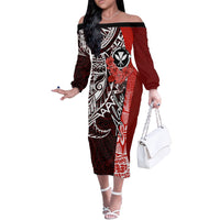 Aloha Vintage Hawaii Tribal Off The Shoulder Long Sleeve Dress Red Style LT9 Women Red - Polynesian Pride