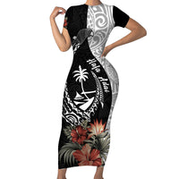 Hafa Adai Guam Short Sleeve Bodycon Dress Tropical Flowers with Polynesian Pattern LT9 Long Dress Black - Polynesian Pride