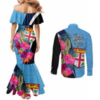 Bula Fiji Vintage Fijian Masi Pattern Couples Matching Mermaid Dress and Long Sleeve Button Shirt Blue Unique LT9 - Polynesian Pride