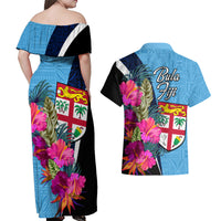 Bula Fiji Vintage Fijian Masi Pattern Couples Matching Off Shoulder Maxi Dress and Hawaiian Shirt Blue Unique LT9 - Polynesian Pride