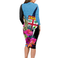 Bula Fiji Vintage Fijian Masi Pattern Long Sleeve Bodycon Dress Blue Unique LT9 - Polynesian Pride
