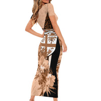 Bula Fiji Vintage Fijian Masi Pattern Short Sleeve Bodycon Dress Peach Fuzz Unique LT9 - Polynesian Pride