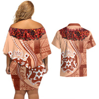 Vintage Tonga Kahoa Heilala Flower Couples Matching Off Shoulder Short Dress and Hawaiian Shirt LT9 - Polynesian Pride